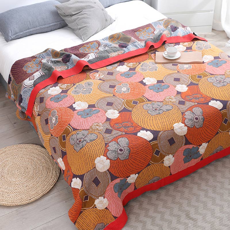 Reversible Cotton Gauze Quilt with Persimmon Pattern - Lightweight Summer Blanket for Bed, Sofa & Travel - Queen, King & Full Sizes