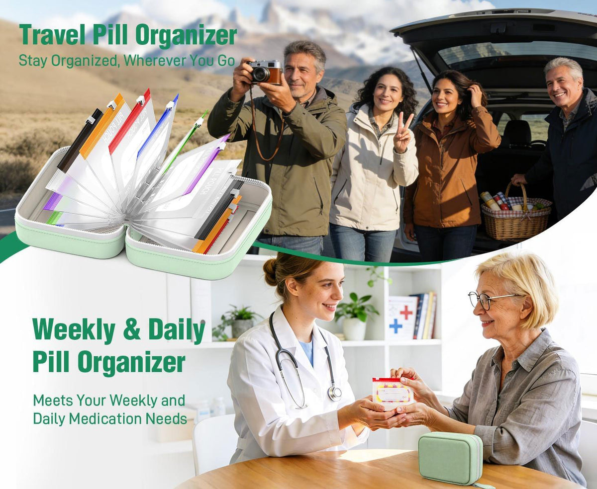 Weekly Pill Organizer Case with 14 Labeled Pouches & Zipper for Travel