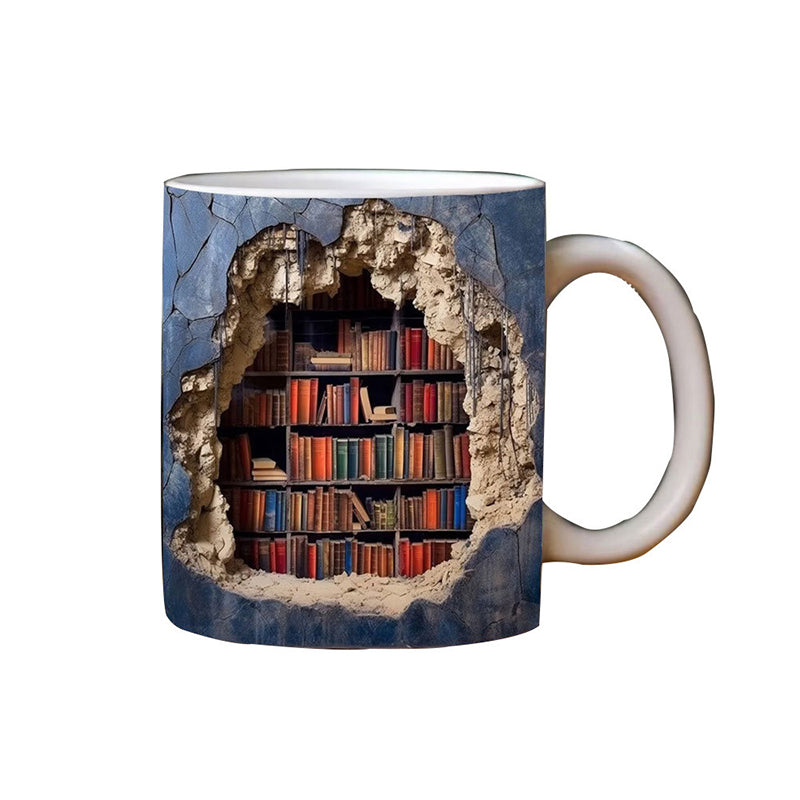 Ceramic Mug with 3D Bookshelf Wrap Design for Coffee Tea Hot Drinks Book Lovers Library Kitchen Microwave Dishwasher Safe Literary Gift