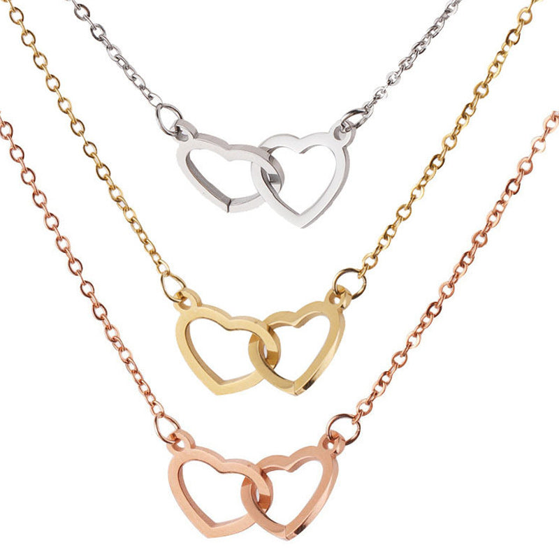Interlocking Double Heart Pendant Titanium Steel Chain Necklace for Women Anniversary Valentines Day Jewelry Gift with Optional Spinning