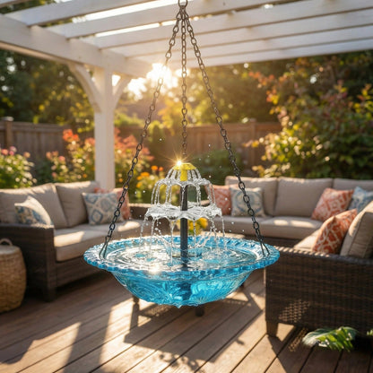 Solar Powered Outdoor Bird Bath with Cascading Water Feature in Glass for Patio and Backyard Wildlife