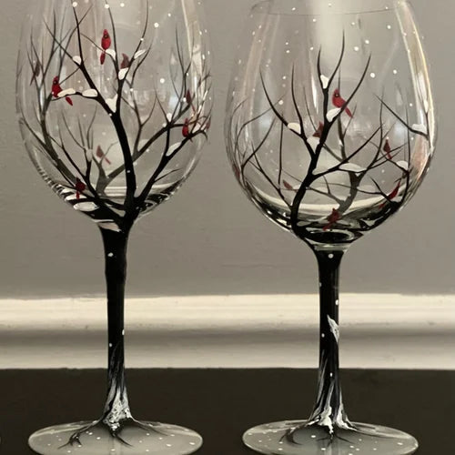 Hand-Painted Seasonal Tree Wine Glasses – Artisan Stemware with Four Seasons Design for Home & Gift