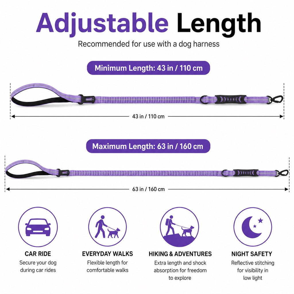 Ortekor Reflective Dog Car Seat Belt Leash for Backseat Travel & Daily Walks - Shock-Absorbing Bungee Tether to Help Reduce Pulling & Driver Distraction