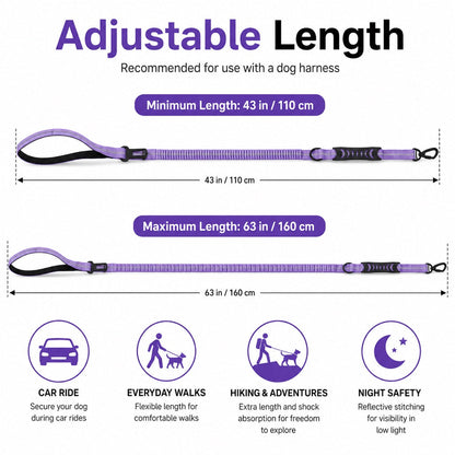 Ortekor Reflective Dog Car Seat Belt Leash for Backseat Travel & Daily Walks - Shock-Absorbing Bungee Tether to Help Reduce Pulling & Driver Distraction