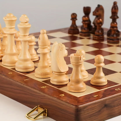 Handcrafted Wooden Chess Set with Weighted Pieces & Folding Board | Storage Inside | Walnut & Maple Inlay Design | Adult & Kids Strategy