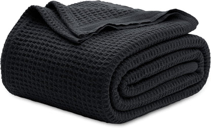 Cotton Throw Blanket for Bed, Waffle Weave Queen Size Blanket for All Seasons, Soft Breathable Cotton Blanket for Couch