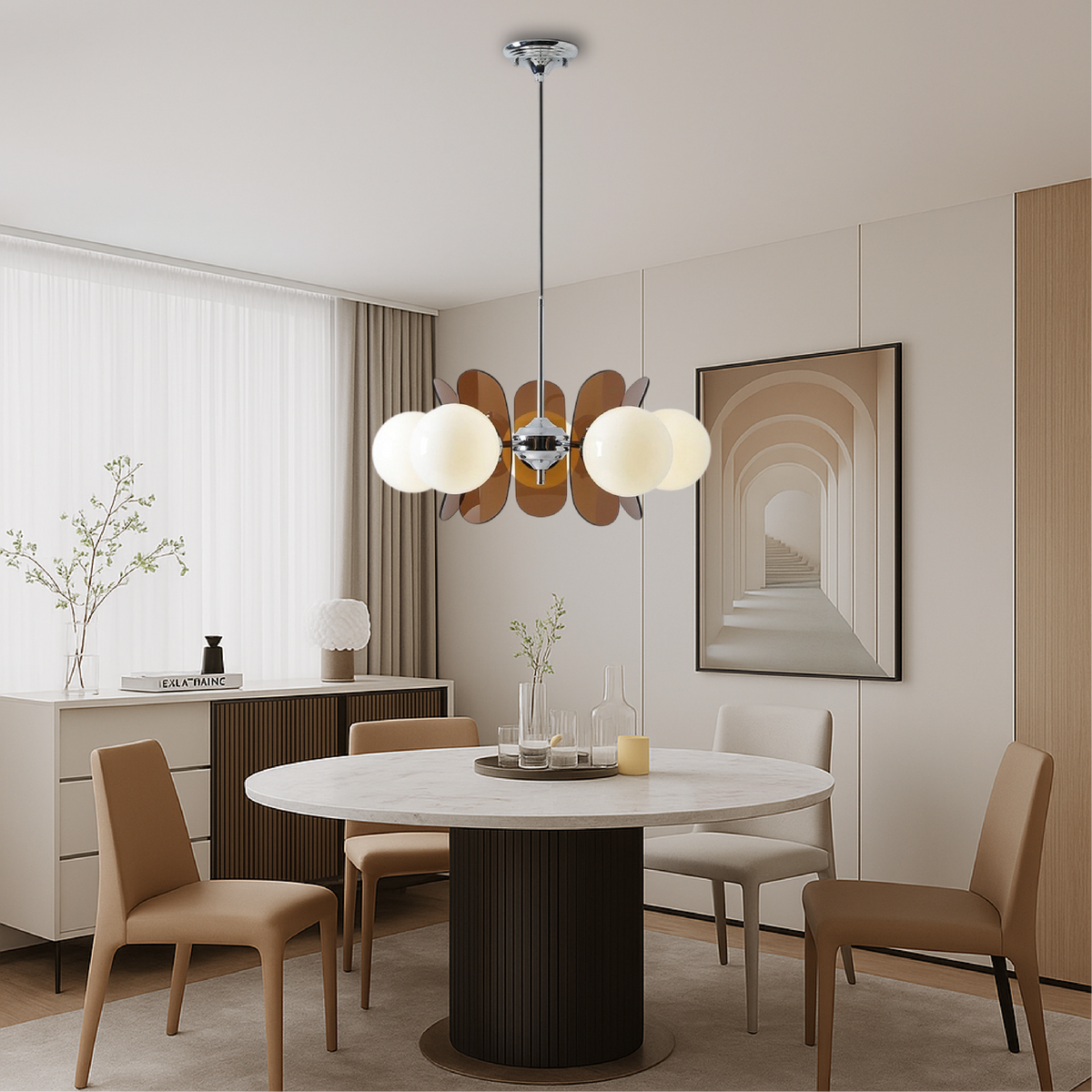 Geometric Modern Chandelier with Frosted Glass Globes – 5 or 8 Light Iron Frame Fixture for Dining Room & Living Space