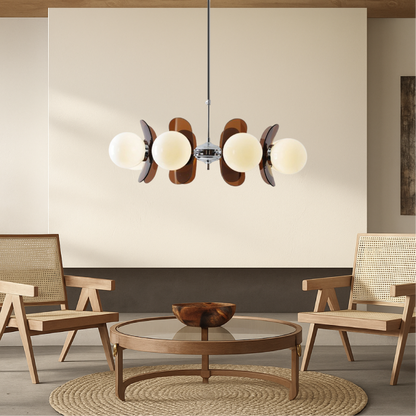 Geometric Modern Chandelier with Frosted Glass Globes – 5 or 8 Light Iron Frame Fixture for Dining Room & Living Space
