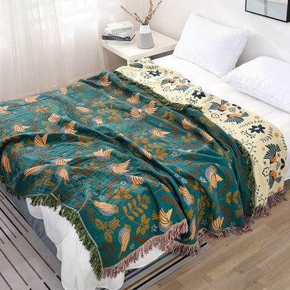 Reversible Cotton Throw Blanket with Woven Bird & Floral Pattern, Tasseled Edge for Couch, Sofa, Bed – Double-Sided Bohemian Home Accent