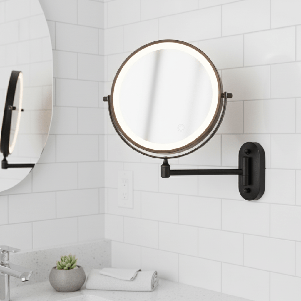 Illuminated Magnifying Vanity Mirror 8-Inch Round Wall-Mount Rechargeable USB Touch-Dimming Cosmetic Grooming Mirror for Bathroom Makeup Ski
