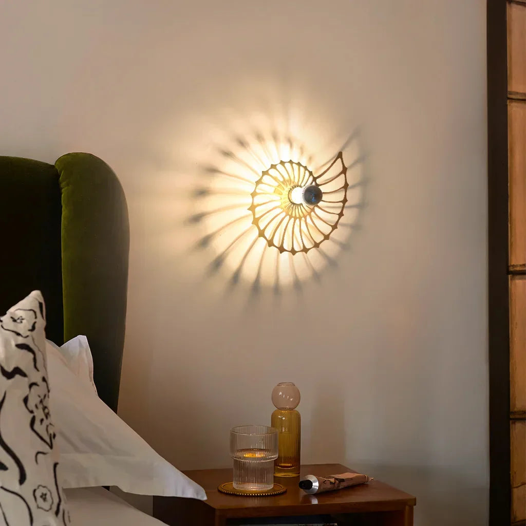 Spiral Shell Accent Sconce with LED – Handcrafted Ceramic & Wood Fixture in Gold or Black for Entryways, Bedrooms & Hallways