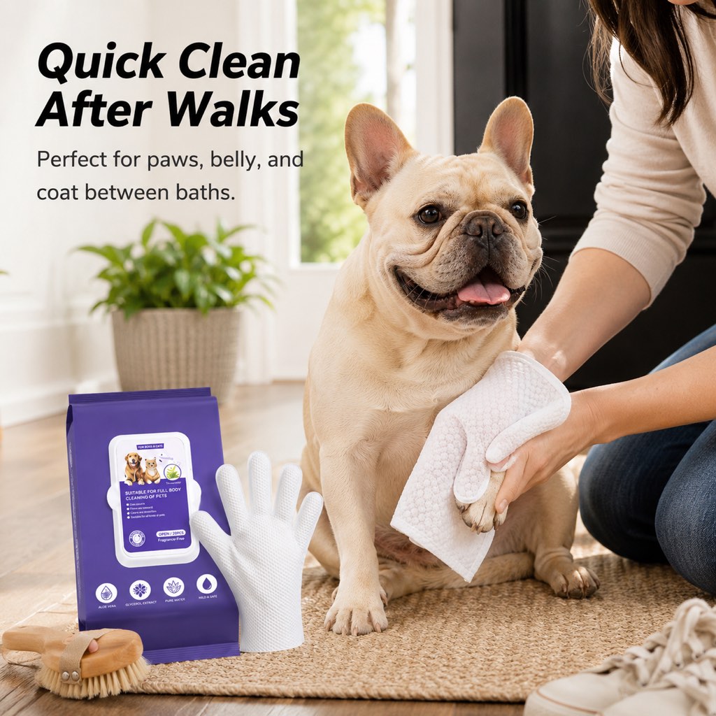 Ortekor Frenchie Daily Grooming Kit for After-Walk & Between-Bath Care - Boar Bristle Brush + Rinse-Free Cleaning Gloves