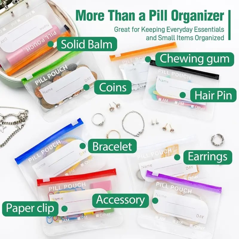 Weekly Pill Organizer Case with 14 Labeled Pouches & Zipper for Travel