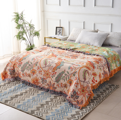 Cotton Throw Blanket with Tassels Floral Pattern Cream Orange Blue for Sofa Couch Bed Living Room Bedroom Bohemian Home Decor Lightweight
