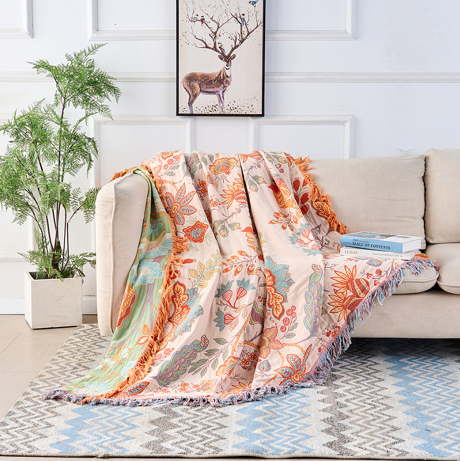 Ravelle Boho Blanket - 100% Cotton, Floral Design with Fringe