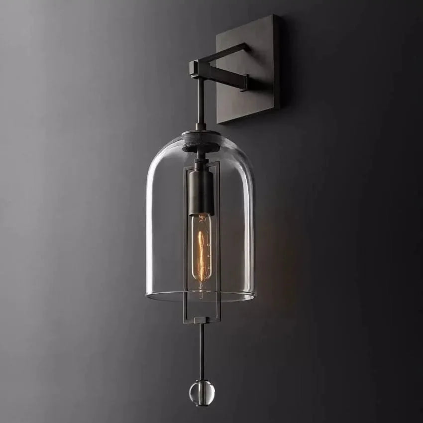 Elongated Glass Bell Sconce with Suspended Copper Frame 23 in Tall for Bedrooms Hallways Living Rooms Modern Vertical Wall Lighting Fixture
