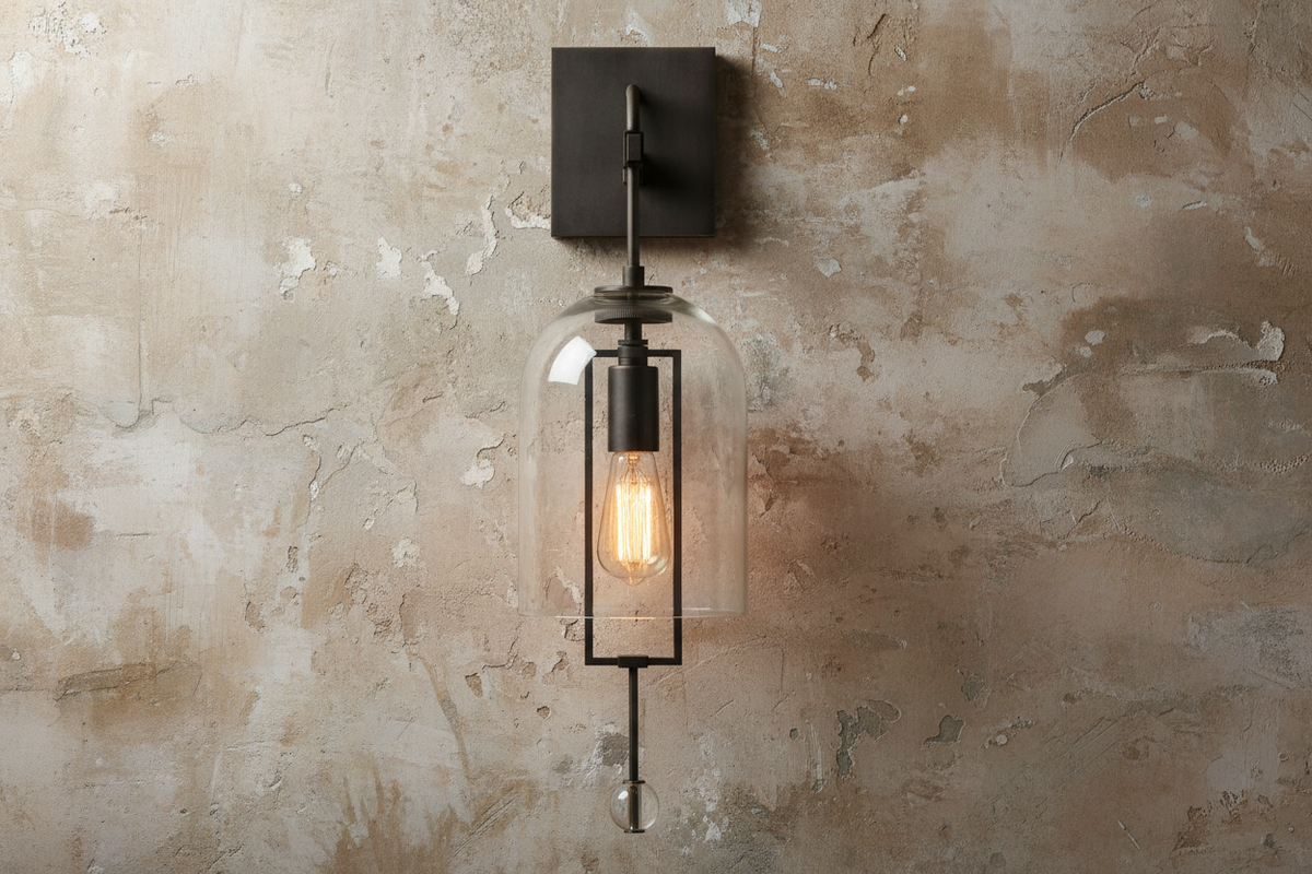 Elongated Glass Bell Sconce with Suspended Copper Frame 23 in Tall for Bedrooms Hallways Living Rooms Modern Vertical Wall Lighting Fixture