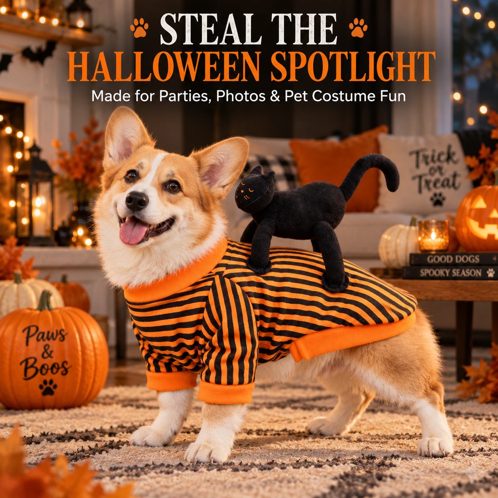 Ortekor Black Cat Rider Halloween Pet Costume - Funny 3D Dog & Cat Outfit for Trick-or-Treating, Parties & Photos with Easy-Movement Design
