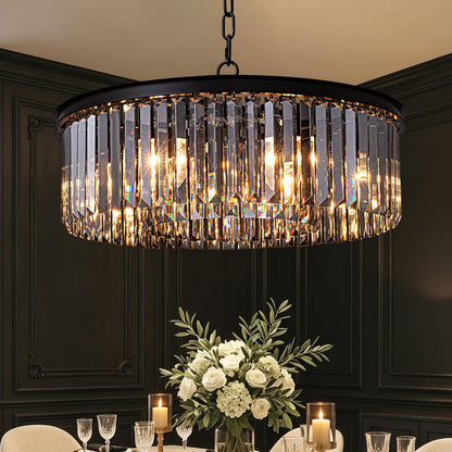 Smoky Gray K9 Crystal Chandelier Round Canopy Pendant for Dining Room Living Room Kitchen Modern Hanging Fixture E12 Bulb Adjustable Chain