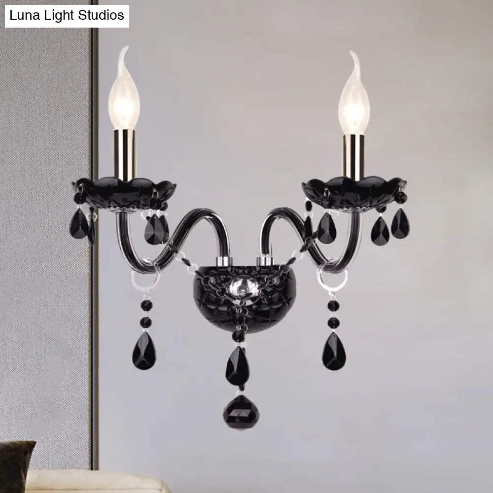 Crystal Wall Sconce Black Finish Mid-Century Modern Design E12 E14 Socket 1-2 Light Fixture for Bedroom Living Room Hallway Indoor Lighting