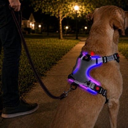 Ortekor Rechargeable LED Dog Harness for Night Walks - Back-Panel Glow & Reflective Webbing for Better Low-Light Visibility