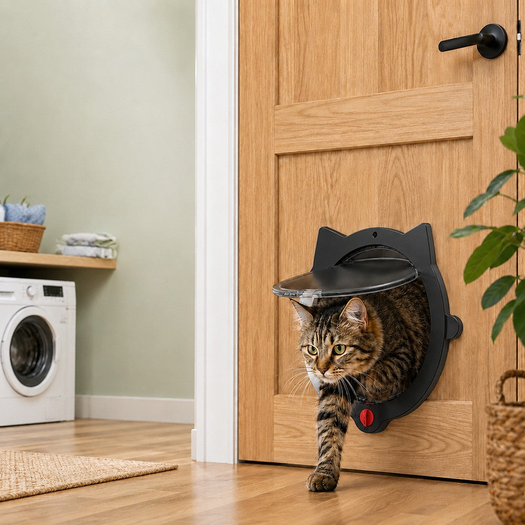 Ortekor 4-Way Locking Interior Cat Door for Litter Box Cabinets & Rooms - Private Access Without Door Scratching
