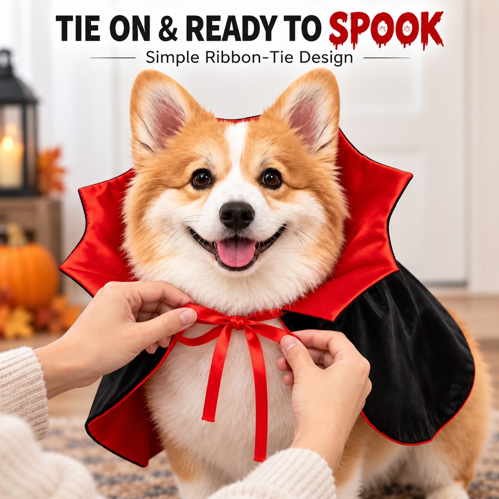 Ortekor Halloween Vampire Dog Cape Costume - Lightweight Black & Red Pet Cloak for Parties, Photos & Easy Dress-Up
