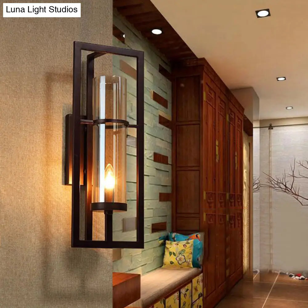 Single-Light Wall Sconce with Golden Glass Shade – Black Metal Frame Fixture for Hallway, Bedroom, Living Room