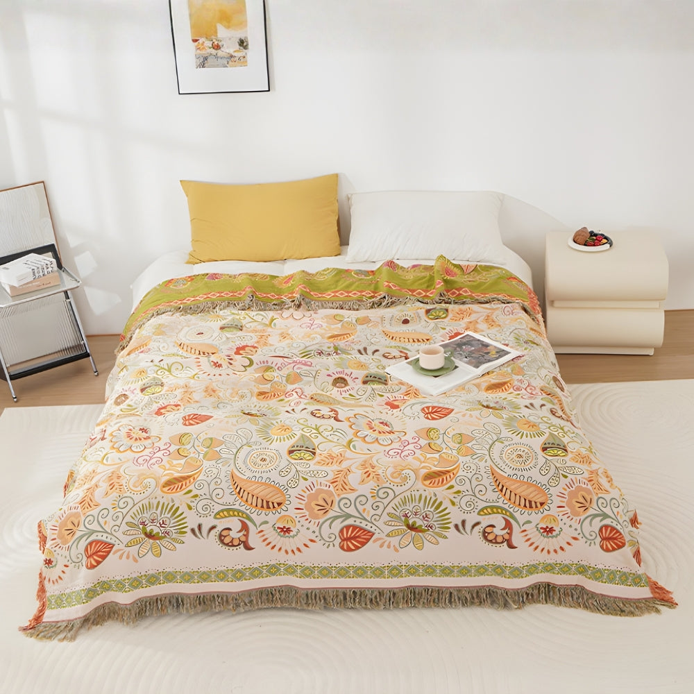 Cotton Gauze Throw with Tassel Trim – Reversible Floral Lightweight Blanket for Couch Sofa Bed – Breathable All-Season Layer