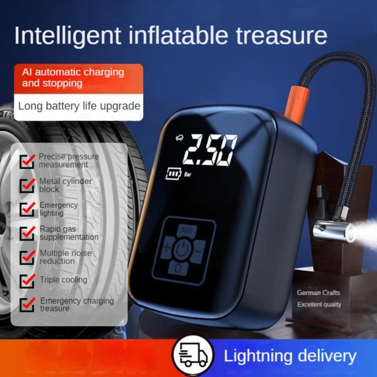 Portable Electric Tire Inflator with Auto Shutoff & Digital Gauge for Car, Bike, Ball – Compact Rechargeable Air Pump 150 PSI LED Light