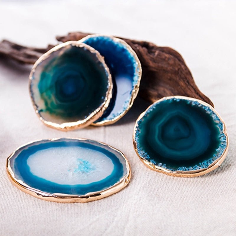 Natural Stone Drink Coasters Gold Rim Blue Geode Slice 3.5 Inch Set Decorative Protection for Coffee Table Kitchen Dining Room Home