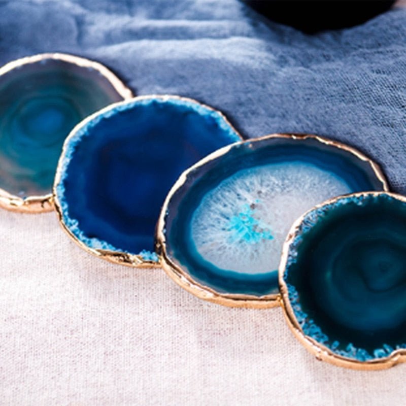 Natural Stone Drink Coasters Gold Rim Blue Geode Slice 3.5 Inch Set Decorative Protection for Coffee Table Kitchen Dining Room Home