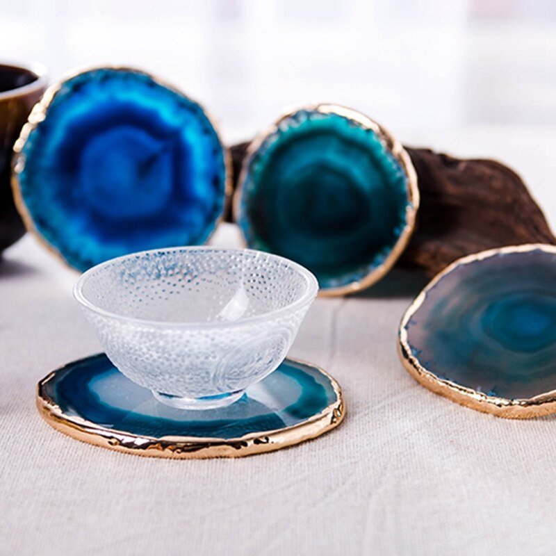 Natural Stone Drink Coasters Gold Rim Blue Geode Slice 3.5 Inch Set Decorative Protection for Coffee Table Kitchen Dining Room Home