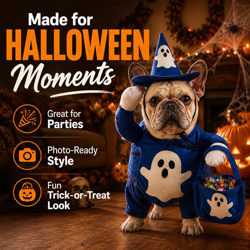 Ortekor Glow-in-the-Dark Ghost Wizard Dog Costume with Hat & Treat Bag, Halloween Pet Outfit for Trick-or-Treat, Parties, Photos & Costume Events
