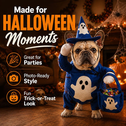 Ortekor Glow-in-the-Dark Ghost Wizard Dog Costume with Hat & Treat Bag, Halloween Pet Outfit for Trick-or-Treat, Parties, Photos & Costume Events