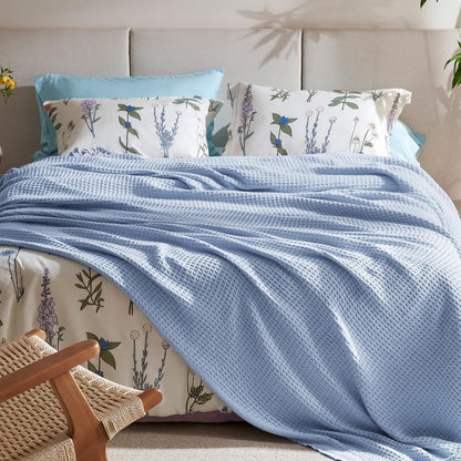 Cotton Throw Blanket for Bed, Waffle Weave Queen Size Blanket for All Seasons, Soft Breathable Cotton Blanket for Couch