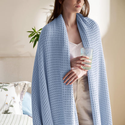 100% Cotton Waffle Weave Throw Blanket Queen King Breathable Lightweight Bed Cover for All Seasons Couch Sofa Bedroom Layering Textured