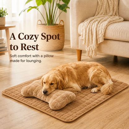 Ortekor Plush Pet Bed Mat with Detachable Bone Pillow – Cozy Indoor Resting Bed for Dogs & Cats with Non-Slip Bottom