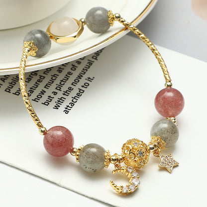 Labradorite & Strawberry Quartz Beaded Bracelet with Moon & Star Charm – Women's Gemstone Jewelry for Meditation & Everyday Wear