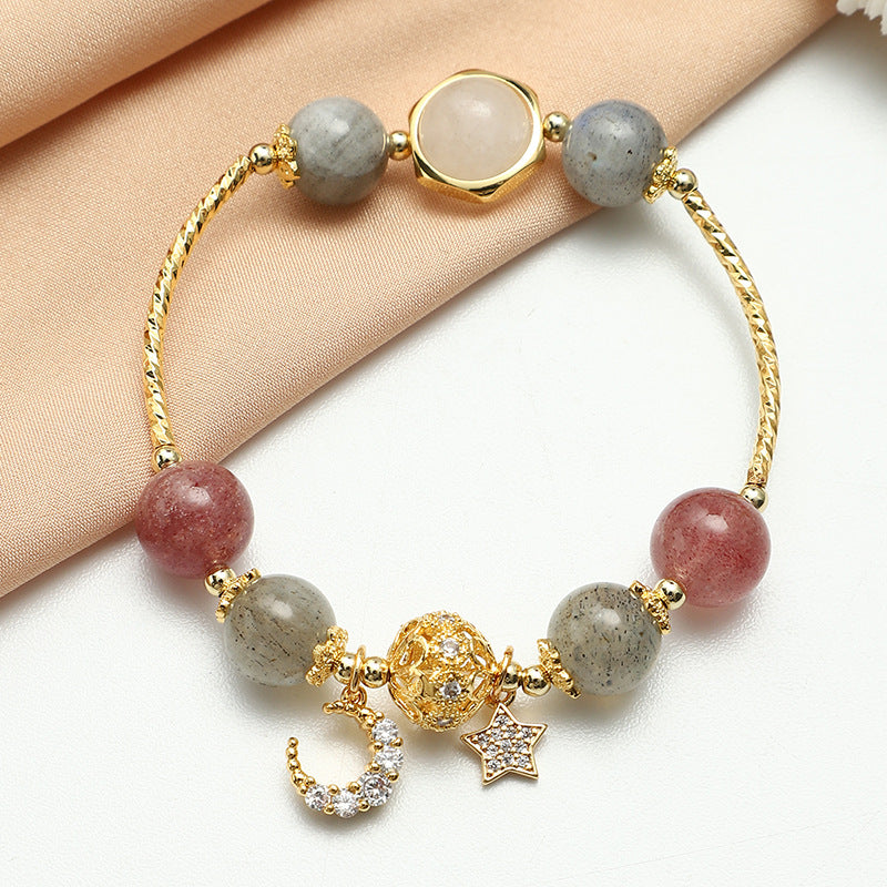 Labradorite & Strawberry Quartz Beaded Bracelet with Moon & Star Charm – Women's Gemstone Jewelry for Meditation & Everyday Wear