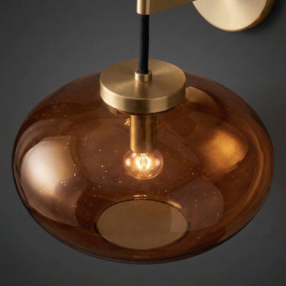 Amber Glass Sconce with Copper Frame 10.6 in Wide Contemporary Wall Light for Living Room Hallway Bedroom Entryway