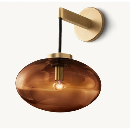 Amber Glass Sconce with Copper Frame 10.6 in Wide Contemporary Wall Light for Living Room Hallway Bedroom Entryway