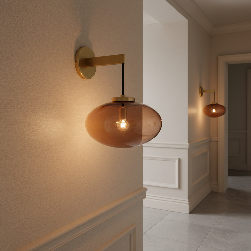 Amber Glass Sconce with Copper Frame 10.6 in Wide Contemporary Wall Light for Living Room Hallway Bedroom Entryway