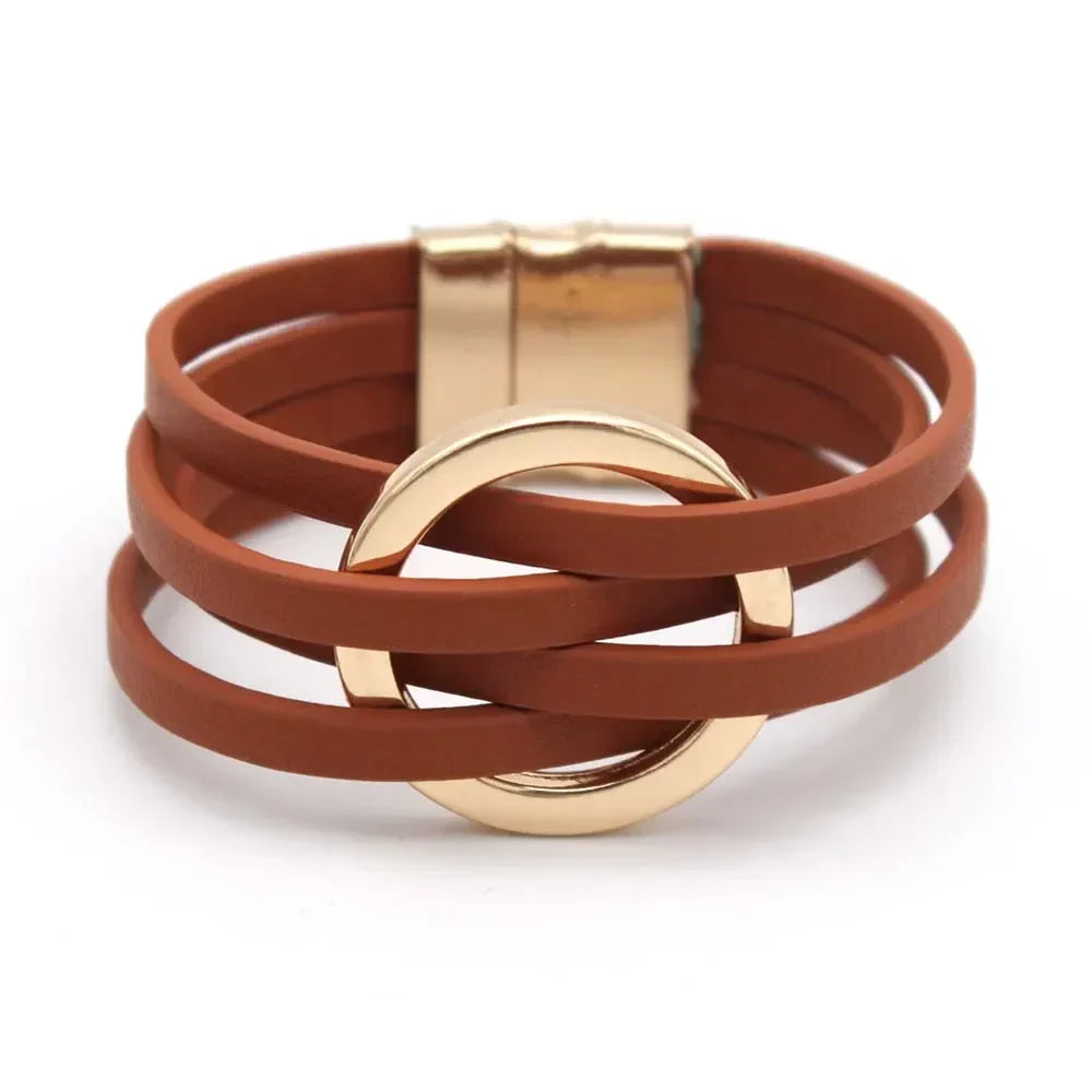 Layered Leather Wrap Bracelet with Magnetic Clasp – Geometric Accent Cuff for Women & Men