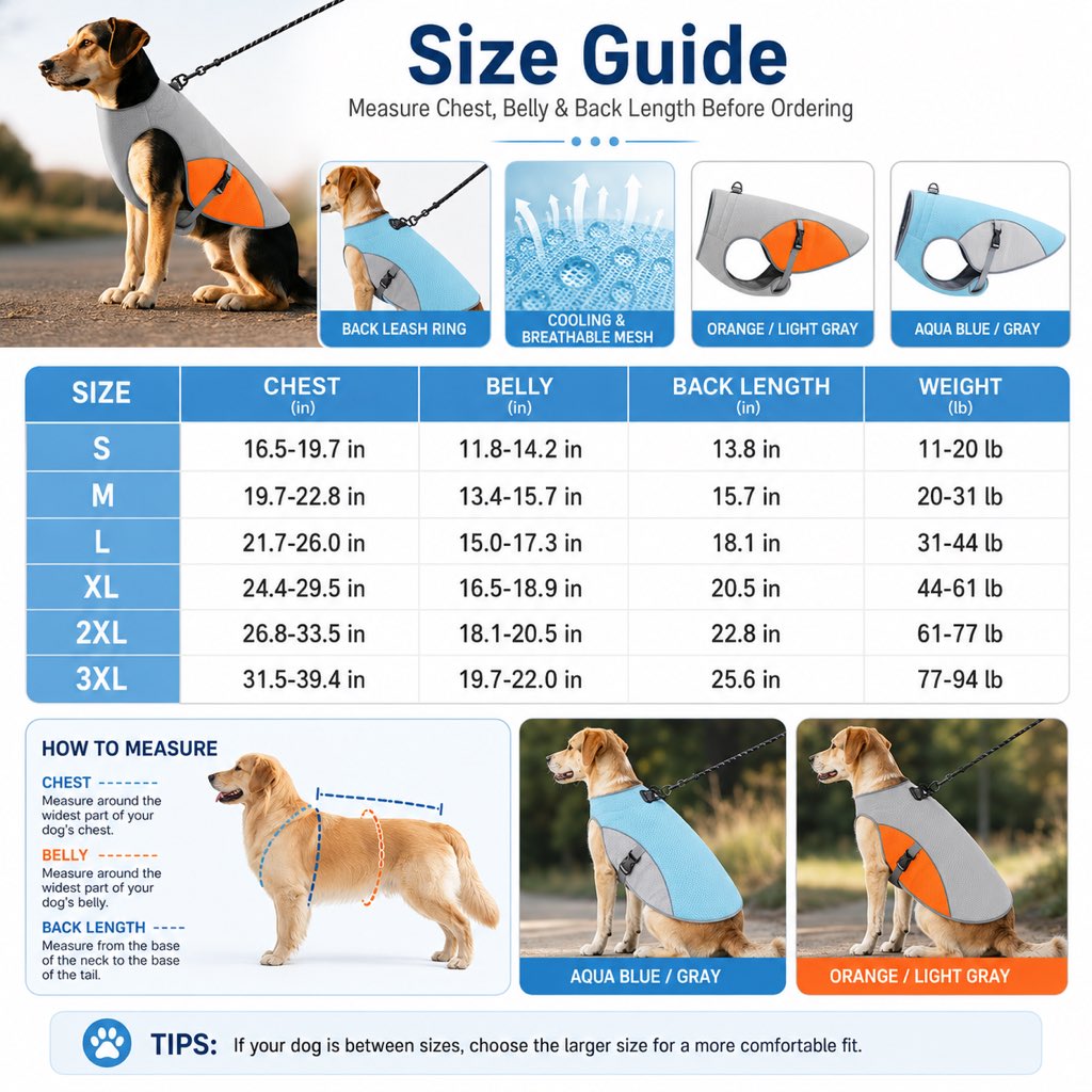Ortekor Dog Cooling Vest for Summer Walks - Wet-to-Cool Lightweight Jacket with Leash Ring for Hot Weather Outdoor Comfort