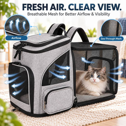 Ortekor Expandable Pet Carrier Backpack for Cats & Small Dogs - Breathable Mesh Travel Backpack with Extra Rest Space for Trips & Vet Visits