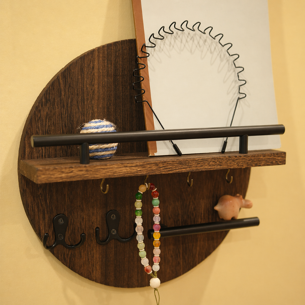 Circular Wood Wall Key Organizer with Shelf & Hooks for Entryway – Natural Finish, Multi-Hook Design for Keys, Accessories & Small Decor