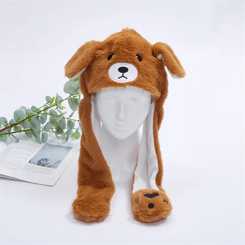 Plush Hat with Pop-Up Ears for Kids & Adults – Interactive Cosplay Beanie with Squeeze Paws | Fun Winter Accessory for Parties, Christmas