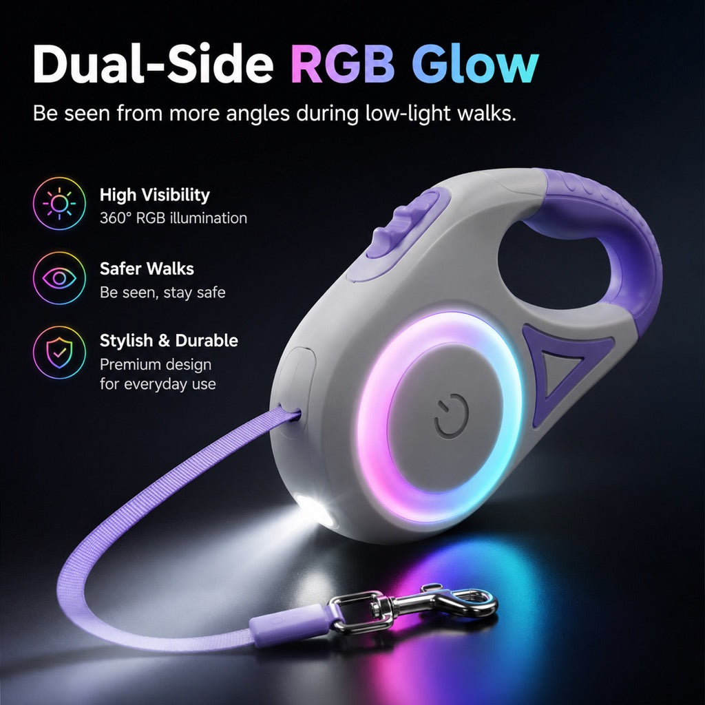 Ortekor LED Retractable Dog Leash for Night Walks - Light-Up Dog Leash with Built-In Spotlight, RGB Side Glow & One-Touch Brake for Safer Evening Walks