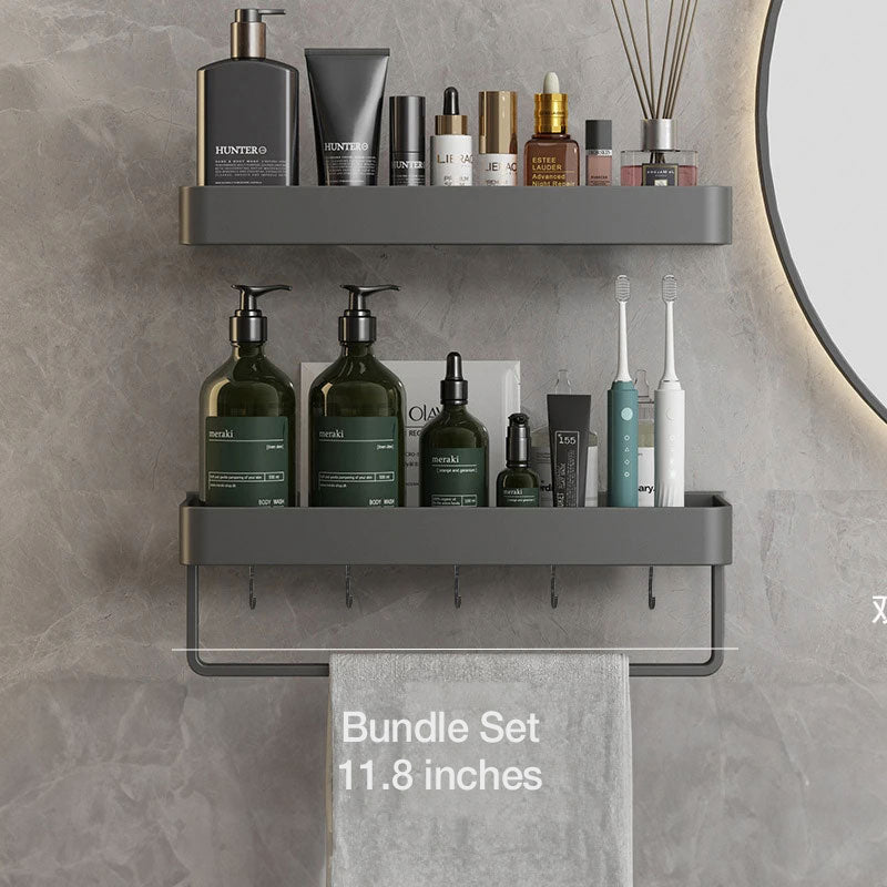 Adhesive Shower Caddy Organizer Gray Aluminum Wall Mount Storage Rack with Towel Bar 12 Inch Floating Shelf for Bathroom Toiletries Soap Sha